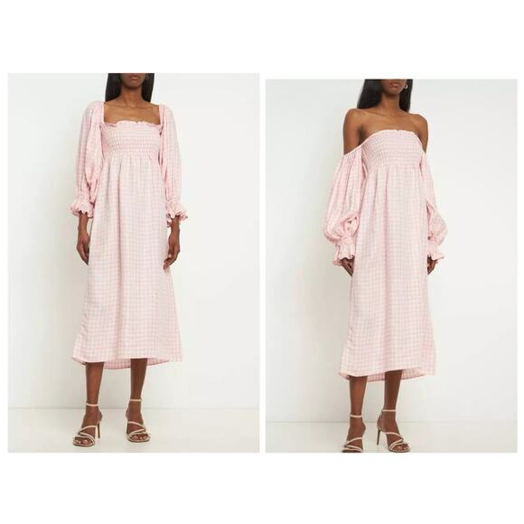Sleeper Pink Gingham Off-Shoulder Midi Dress - Picture 2 of 11